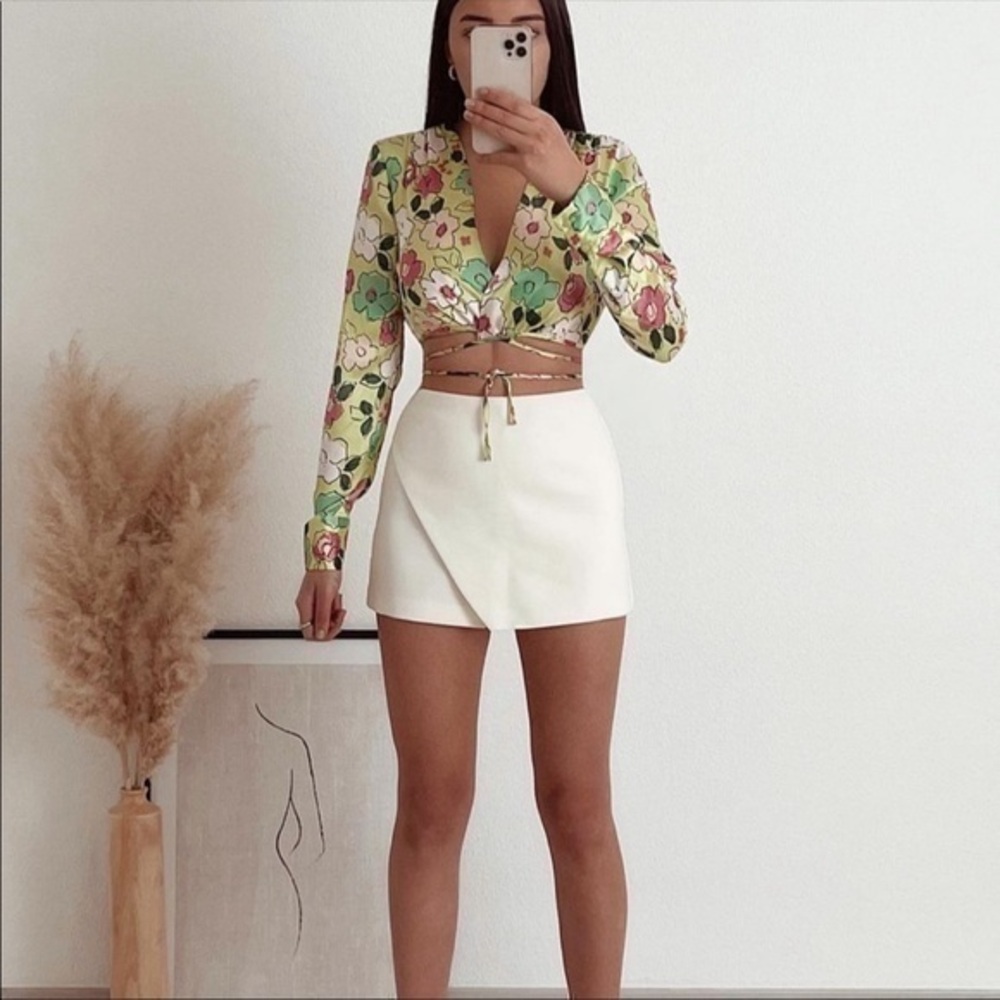 New Zara | Green Floral Satin Effect Wrap Top